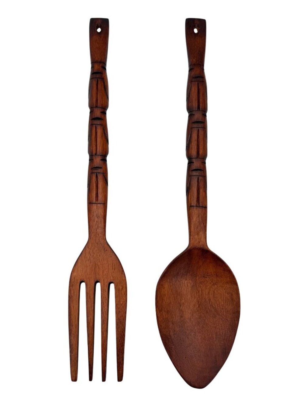 Vintage Hand-Carved Wooden Big Fork & Spoon Rustic Wall Decor Set